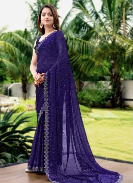 Navy Blue Chiffon Satin Classic Saree with Fancy Work for Festival