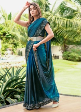 Teal Satin Silk Fancy Work Traditional Saree for Women