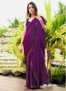 Purple Chiffon Traditional Saree with Fancy Work for Ceremonial