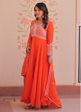 Embroidered Work Georgette Designer Gown in Orange for Women