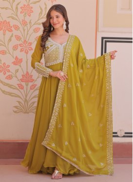 Embroidered Work Designer Gown For Festival in Aloe Veera Green