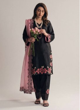 Silk Blend Embroidered Work Readymade Salwar Suit in Black