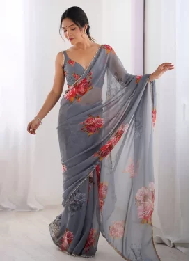 Digital Print Work Georgette Classic Saree in Grey for Women