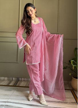 Crunchy Silk Fancy Work Readymade Salwar Suit in Pink