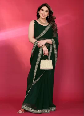 Georgette Traditional Saree with Lace Work in Bottle Green
