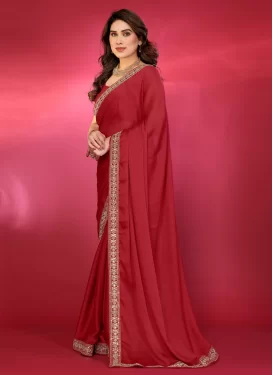 Red Chiffon Satin Traditional Saree with Lace Work for Casual