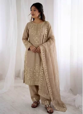 Crunchy Silk Palazzo Suit in Beige with Embroidered Work for Women