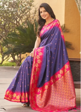 Banarasi Silk Traditional Saree with Woven Work for Ceremonial in Purple and Rose Pink