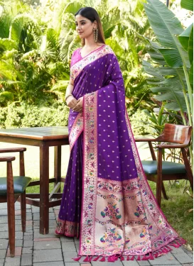 Purple and Rose Pink Banarasi Silk Traditional Saree with Woven Work for Festival