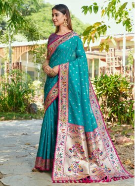 Aqua Blue and Fuchsia Banarasi Silk Traditional Saree with Woven Work for Festival