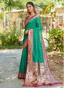 Woven Work Banarasi Silk Traditional Saree in Fuchsia and Green for Ceremonial