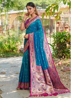 Banarasi Silk Traditional Saree with Woven Work in Magenta and Teal for Party