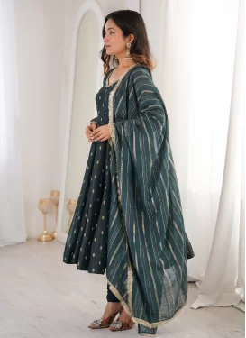 Crunchy Silk Mirror Work Anarkali Suit in Teal