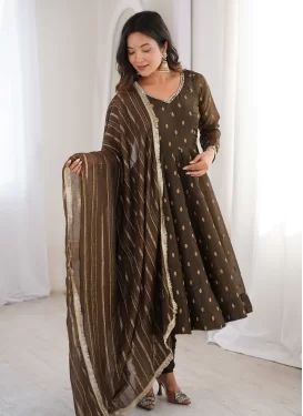 Crunchy Silk Mirror Work Anarkali Suit in Brown