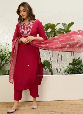 Silk Blend Embroidered Work Readymade Salwar Suit in Red