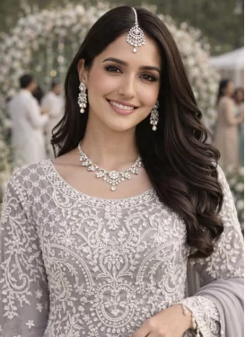 Grey Georgette Straight Suit with Embroidered Work for Ceremonial