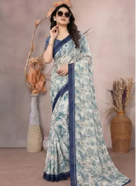 Satin Georgette Trendy Saree with Digital Print Work for Women in Navy Blue and Off White