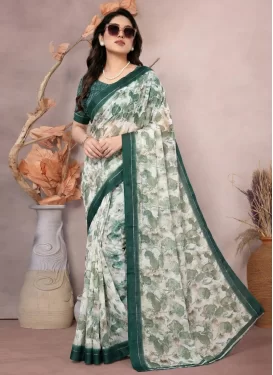 Satin Georgette Digital Print Work Trendy Saree in Green and Off White