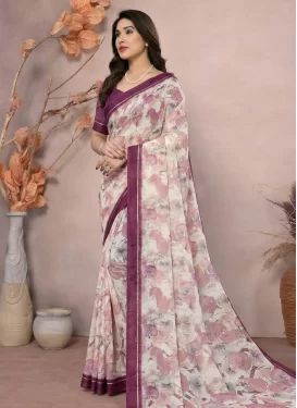 Off White and Wine Satin Georgette Trendy Saree with Digital Print Work for Casual