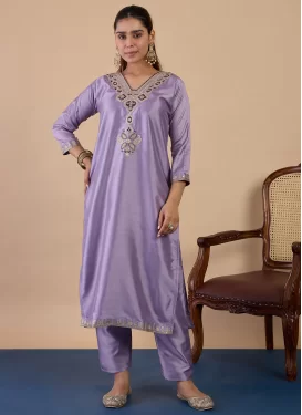Embroidered Work Silk Blend Readymade Salwar Suit in Lavender for Women