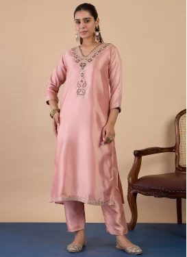 Silk Blend Readymade Salwar Suit with Embroidered Work in Salmon for Ceremonial