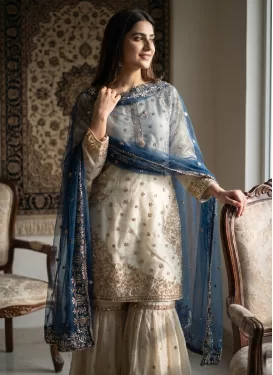 Fendi Silk Sharara Suit with Embroidered Work for Festival in Cream