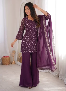 Embroidered Work Crunchy Silk Palazzo Suit in Purple for Ceremonial