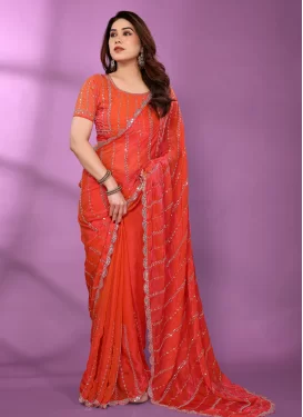 Chiffon Satin Classic Saree with Embroidered Work in Red