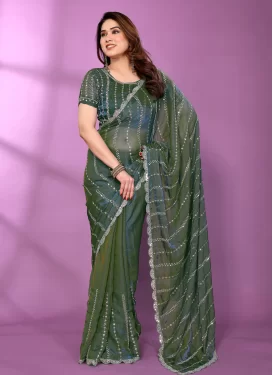 Embroidered Work Chiffon Satin Classic Saree in Green for Festival