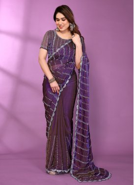 Chiffon Satin Classic Saree with Embroidered Work for Women in Purple