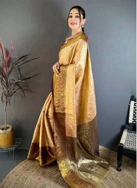Woven Work Kanjivaram Silk Classic Saree in Maroon and Peach for Women