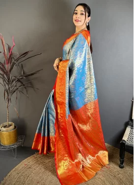 Light Blue and Red Kanjivaram Silk Woven Work Classic Saree for Women