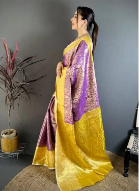 Kanjivaram Silk Classic Saree with Woven Work in Violet and Yellow