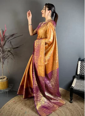 Kanjivaram Silk Classic Saree with Woven Work for Women in Orange and Purple