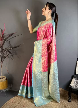 Kanjivaram Silk Traditional Saree in Light Blue and Rose Pink with Woven Work for Festival