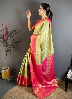 Kanjivaram Silk Traditional Saree with Woven Work for Women in Mint Green and Rose Pink