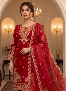 Embroidered Work Fendi Silk Readymade Salwar Suit in Red for Women
