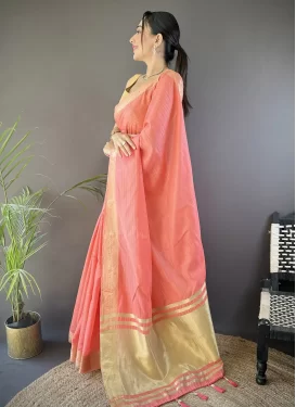 Cotton Silk Classic Saree in Salmon with Woven Work for Ceremonial
