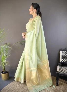 Cotton Silk Traditional Saree with Woven Work in Sea Green for Ceremonial