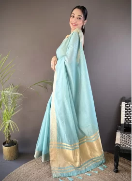 Cotton Silk Traditional Saree with Woven Work for Festival in Firozi