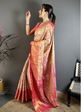 Kanjivaram Silk Trendy Saree with Woven Work in Beige and Rose Pink for Ceremonial