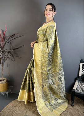 Kanjivaram Silk Classic Saree with Woven Work for Women in Gold and Olive