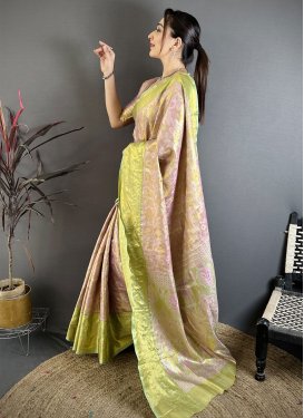 Kanjivaram Silk Woven Work Classic Saree in Mint Green and Pink