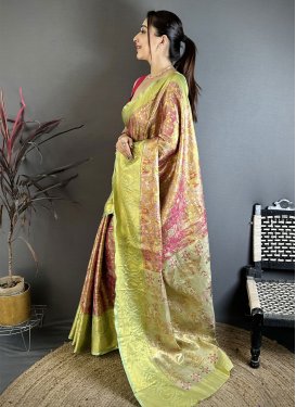 Kanjivaram Silk Traditional Saree with Woven Work for Festival in Mint Green and Salmon