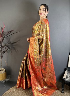 Kanjivaram Silk Traditional Saree in Gold and Red with Woven Work for Ceremonial