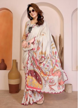Digital Print Work Silk Blend Trendy Saree in Beige for Women
