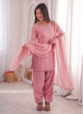 Lace Work Crunchy Silk Readymade Salwar Suit in Pink for Women