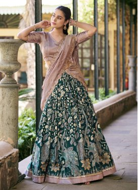 Digital Print Work Tussar Silk Trendy Lehenga Choli in Bottle Green and Pink for Women