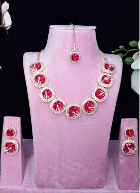 Rose Pink and White Stone Work Alloy Gold Rodium Polish Necklace Set