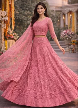 Salmon Net Trendy Lehenga Choli with Embroidered Work for Festival